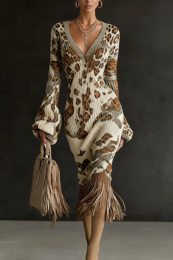 Unique Printed V-neck Long-sleeved Elegant Tassel Hem Midi Dress
