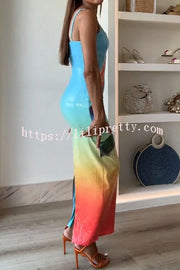 Dreamy Dreamy Sequin Unique Floral Gradient Print Slit Stretch Maxi Dress