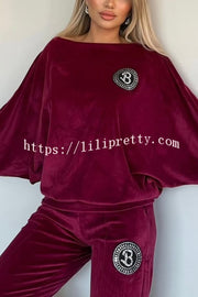 Solid Color Velvet Round Neck Bat Sleeve Casual Top and Elastic Waist Loose Pocket Pants Set