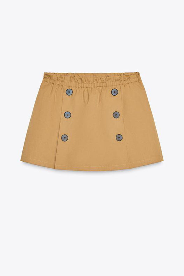 Chic Comfort Mid Rise Elastic Waist Contrast Buttons Pocket Mini Skort