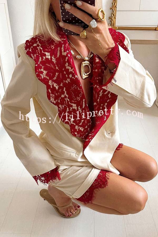 Love Letter Contrast Lace Detail Long Sleeve Wave Lapel Loose Blazer
