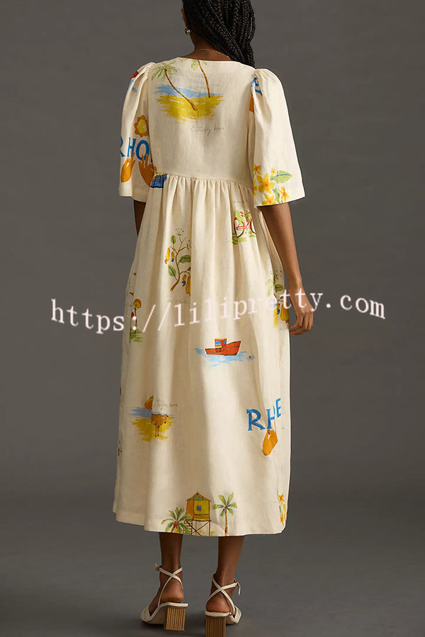 Lilipretty® Cozy Summer Linen Blend Unique Print Button Puff Sleeve Loose Midi Dress