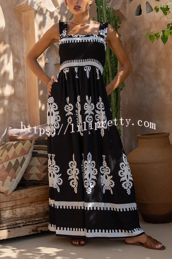 National Boho Style Unique Print Smocked Bust Wide Strap Pocket Maxi Dress