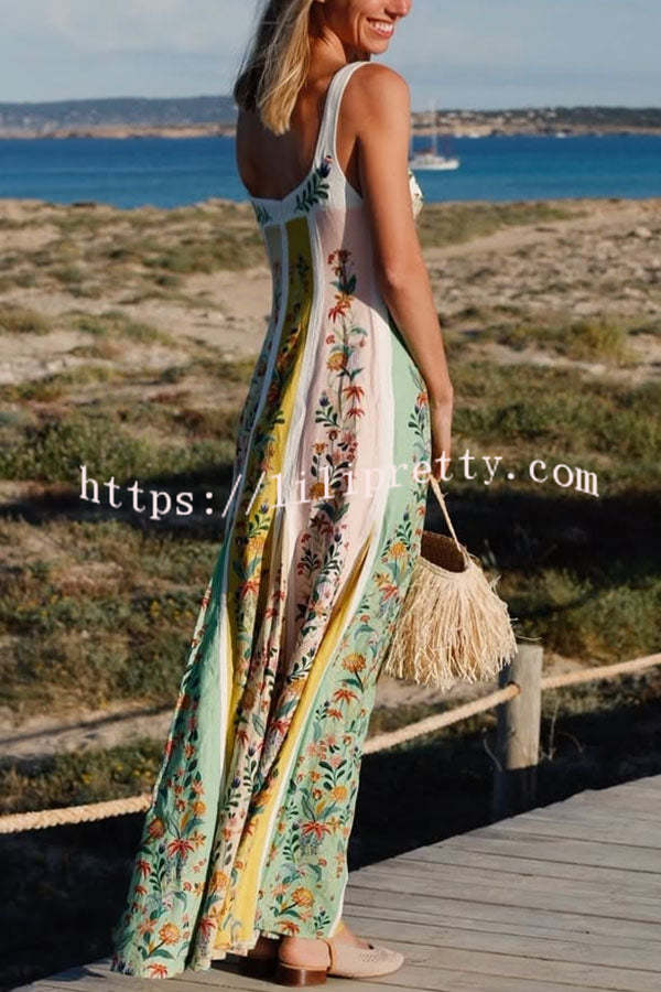 Sweet Garden Linen Blend Color Block Floral Paneled Maxi Dress