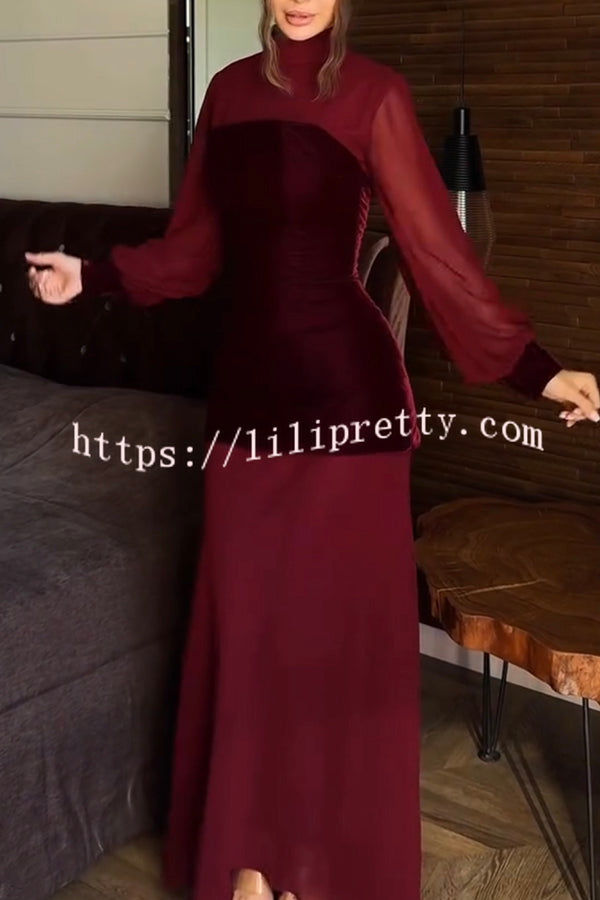 Hildie Chiffon and Two-piece Velvet Lace-up Bra High Neck Long Sleeve Maxi Dress