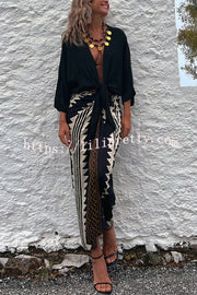 Lilipretty Astra Ethnic Print High Waist Ruched Wrap Maxi Skirt