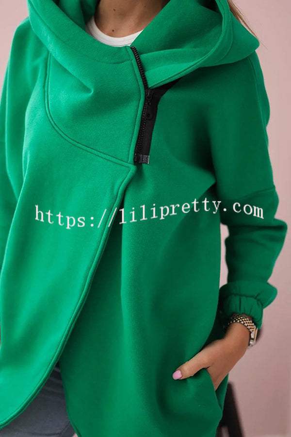 Solid Color Loose Hooded Zip-up Casual Sports Jacket