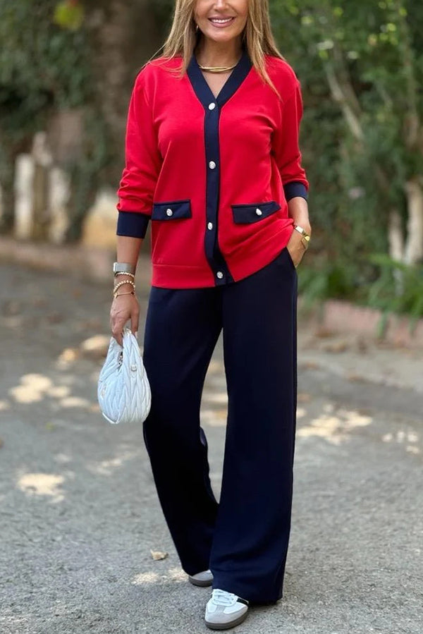 Stylish Color-blocked V-neck Knitted Button-down Cardigan and Elastic Waist Casual Wide-leg Pants Set