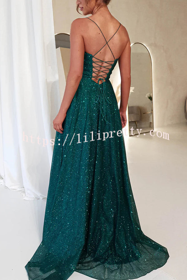 Cinderella Glitter Tulle Fabric Cowl Neck Back Lace-up Pocketed Slit Maxi Dress