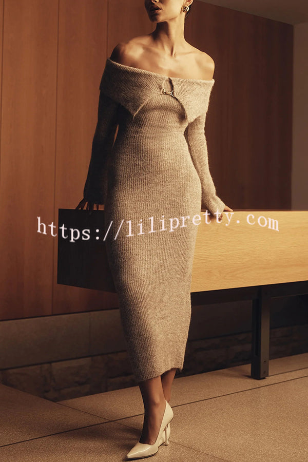 Solid Color Off-shoulder Long-sleeved Elegant Slim-fit Knit Maxi Dress