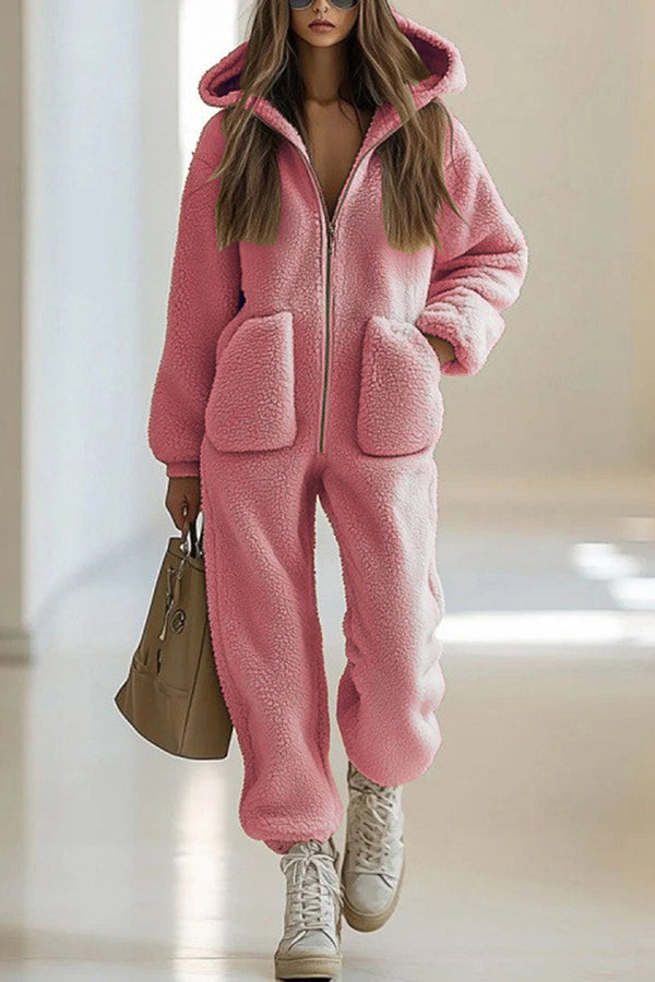 Stylish Plush Hooded Zip-up Casual Pocket Straight-leg Jumpsuit