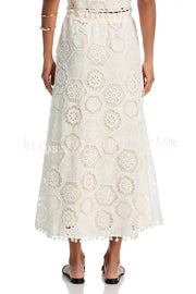 Nice Try Embroidered Crochet Lace Tassle Trim Elastic Waist Midi Skirt