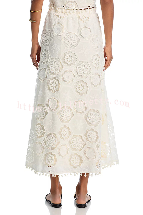 Nice Try Embroidered Crochet Lace Tassle Trim Elastic Waist Midi Skirt
