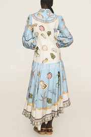 Ocean Print Lapel Button Waist Tie Resort Maxi Dress