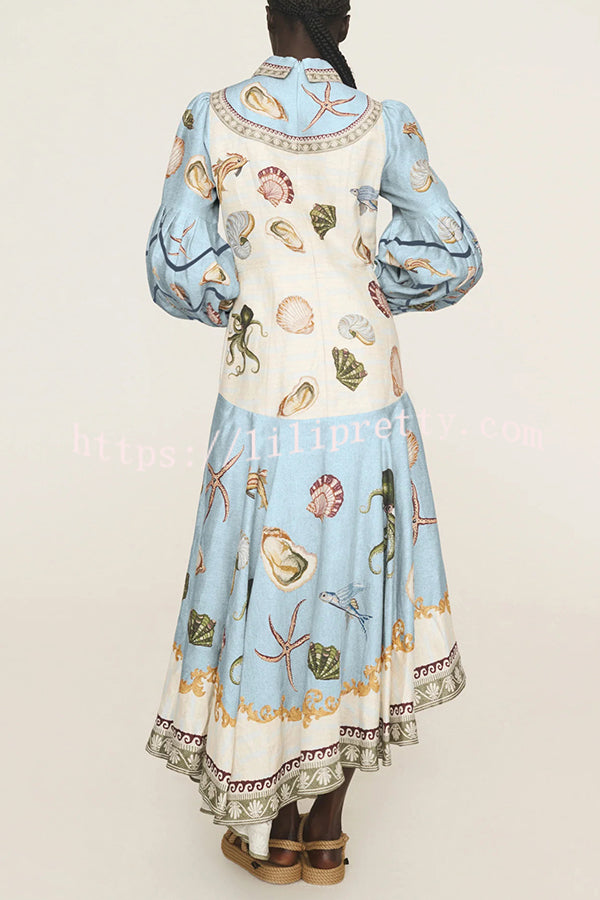 Ocean Print Lapel Button Waist Tie Resort Maxi Dress