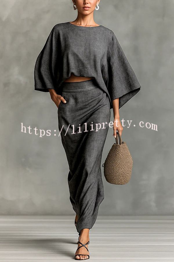 Linen Blend Batwing Sleeve Loose Top and Casual Pocket Maxi Skirt Set