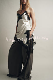 Satin Lace Trim V-neck Asymmetrical Hem Slip Mini Dress