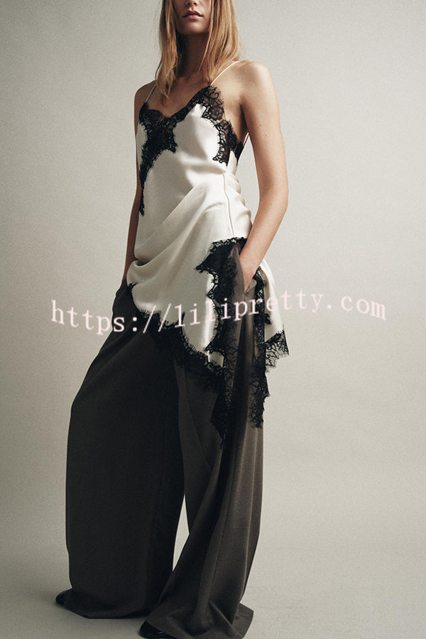 Satin Lace Trim V-neck Asymmetrical Hem Slip Mini Dress