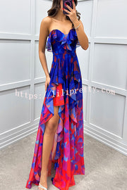 Loving Moment Gradient Unique Print Flowing Layered Ruffles Strapless Slit Maxi Dress