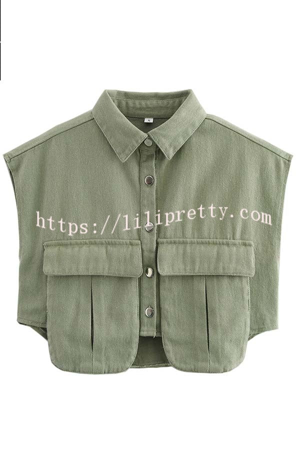 Stylish Weekend Denim Button Up Cape Sleeve Pocket Crop Top
