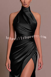 Satin Sexy Halter Neck Sleeveless High Slit Slim Maxi Dress