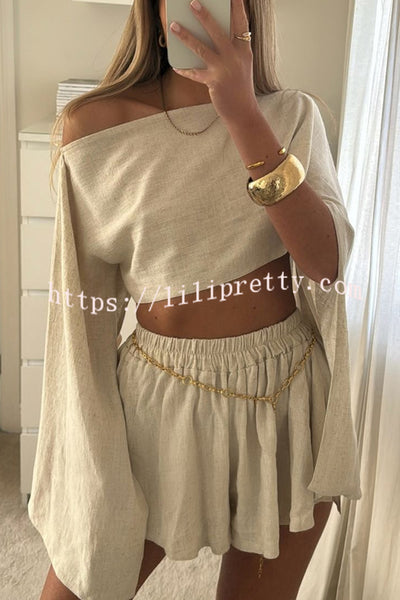 Mae Linen Blend Cropped Wide Sleeved Top and Elastic Waisted Shorts Set