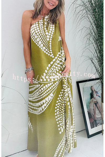 Lilipretty® Gia Satin Unique Polka Dot Print One Shoulder Pocketed Maxi Dress