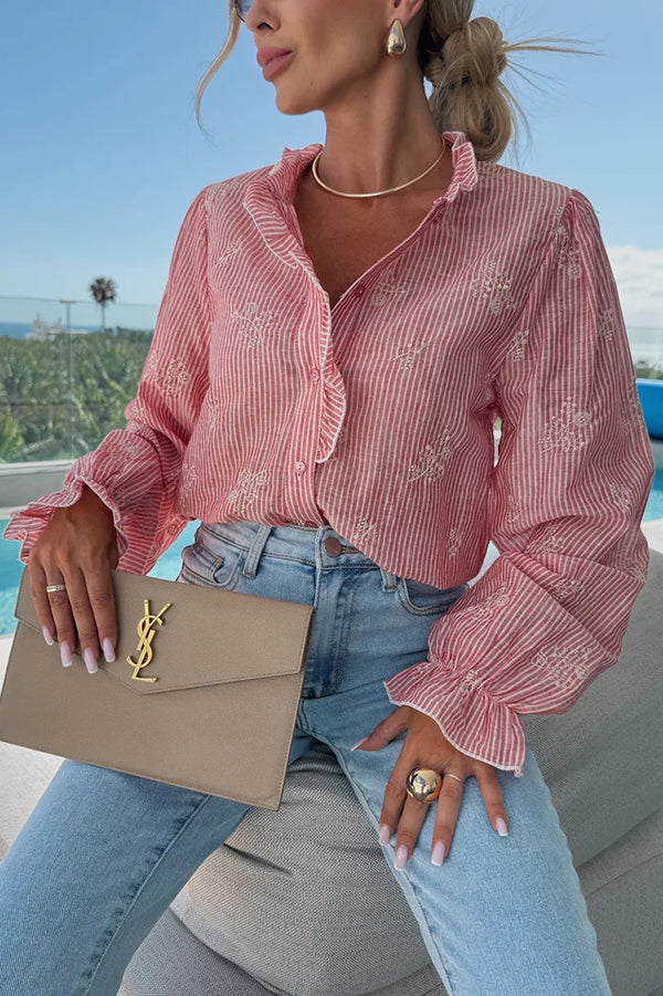 Stripe Print Plant Embroidery Long Sleeve Casual Shirt