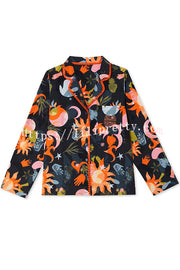 Evening Routine Unique Print Color-block Trim Loose Shirt and Elastic Waist Pocketed Pajama Set