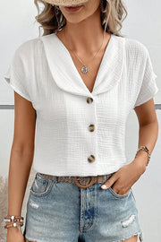 Solid Color Lapel Short Sleeve Casual Button Top