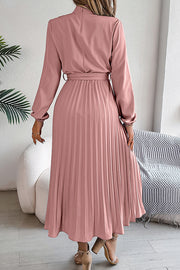 Elegant Stand-collar Long-sleeve Waisted Tie-up Pleated Midi Dress