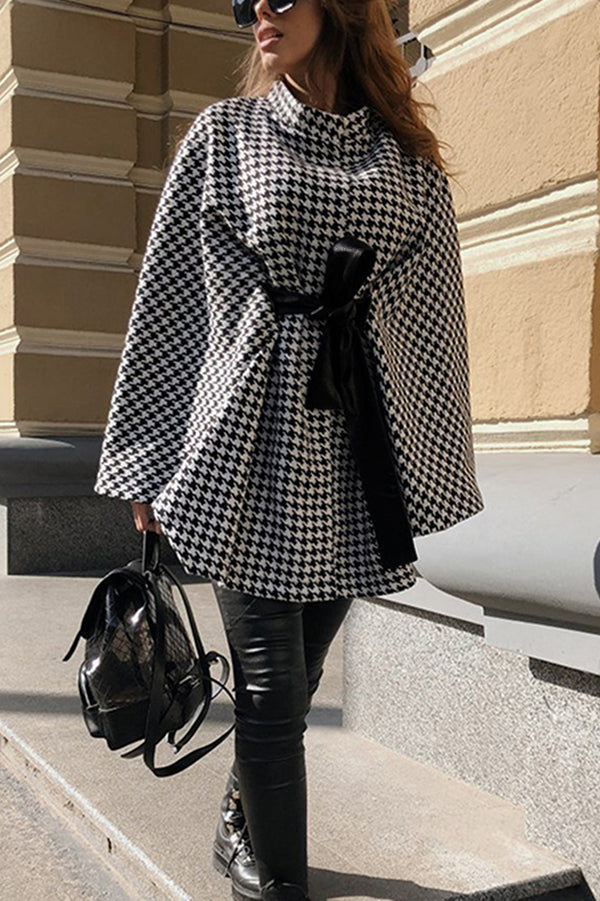 Stylish Houndstooth Loose Lace-up Cape