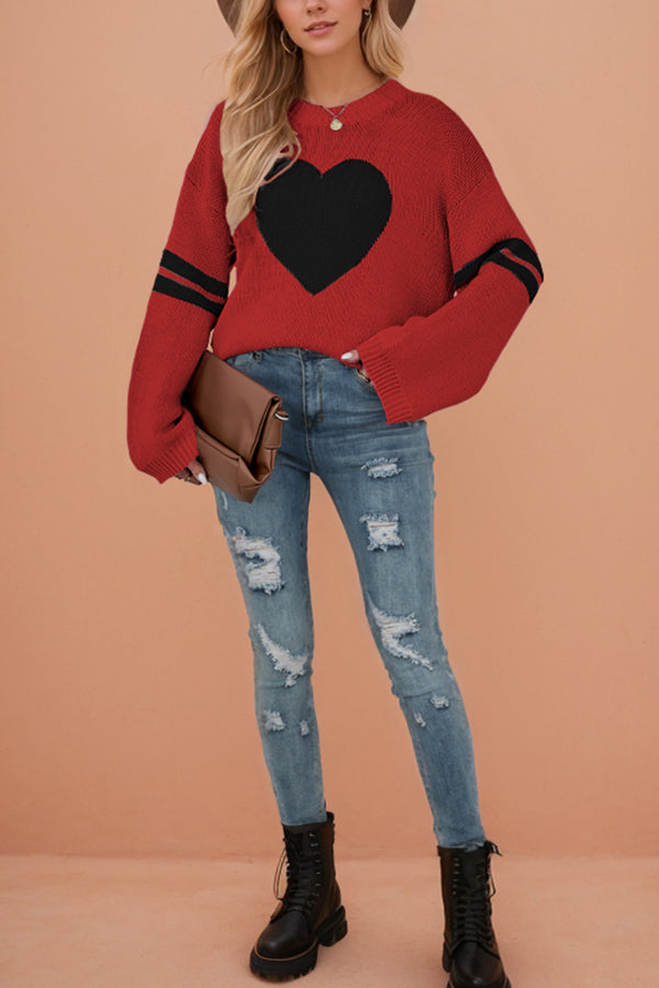 Fashionable Heart-shaped Jacquard Long-sleeved Loose Knit Sweater