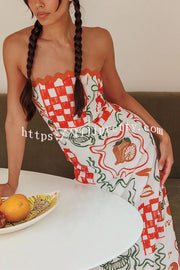 Lilipretty® Cypress Unique Print Ric Rac Trim Back Smocked Strapless Maxi Dress