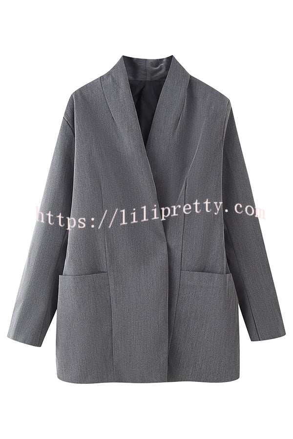 Solid Color Lapel Long Sleeve Casual Pocket Long Blazer