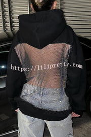 Fashionable Shiny Mesh Hollow Back Loose Long-sleeved Hooded Sweatshirt