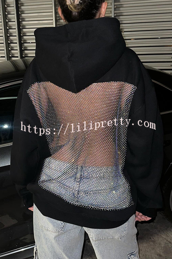 Fashionable Shiny Mesh Hollow Back Loose Long-sleeved Hooded Sweatshirt