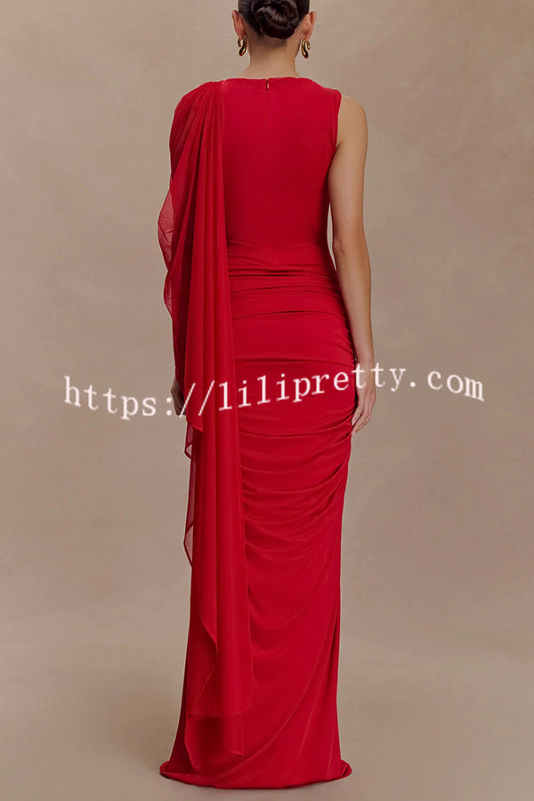 Fashionable Mesh Shawl Sleeveless Slim Fit Pleated Maxi Dress