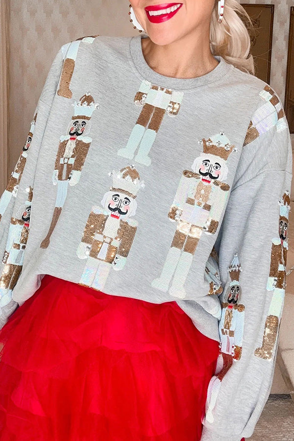 Holiday Traditions Colorful Nutcracker Printed Loose Sweatshirt (Best Gift for the Christmas Holiday )