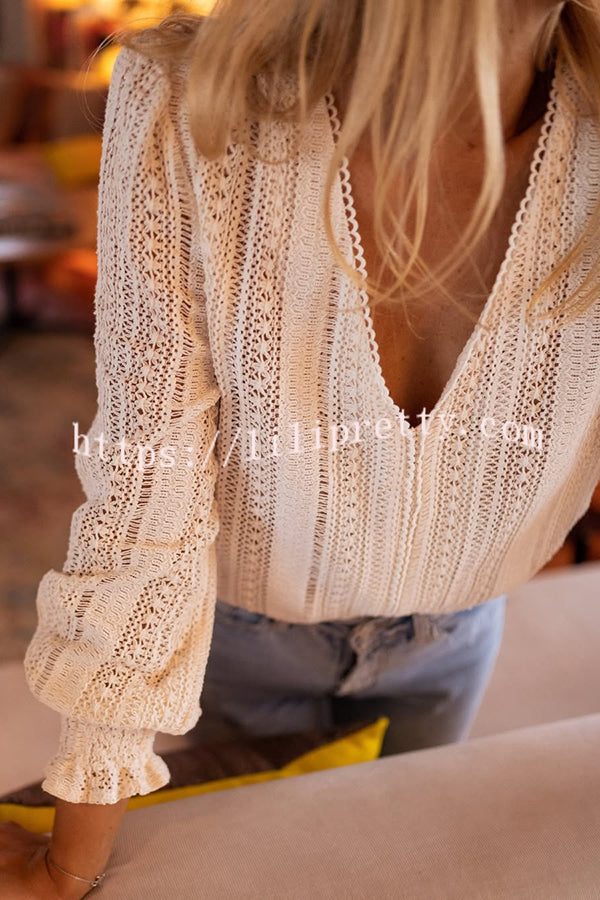 Elegant Openwork V-neck Long-sleeved Casual Shirt