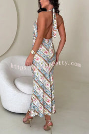 Garden Goddess Unique Colorblock Floral Print Halter Backless Maxi Dress