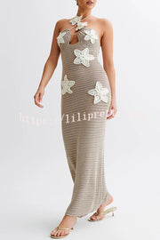 Call It Chic Knit Floral Crochet Halter Fishtail Hem Maxi Dress