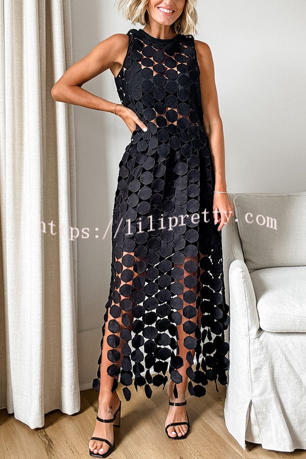 Casie See Through Circle Embroidery Elastic Waist Tassle Hem Maxi Skirt