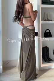 Khaki Hot-fix Rhinestone Shoulder Strap Cutout Design Backless Drape Maxi Dress