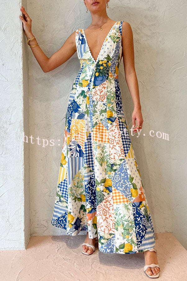 Lilipretty Eternal Italian Paradise Linen Blend Patchwork Print Pocketed Maxi Dress