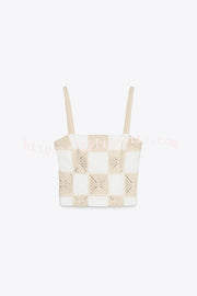 Angie Contrast Patchwork Crochet Appliqué Strap Tank Top