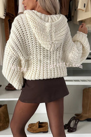 Warm Day Knit Button Up Long Balloon Sleeve Hooded Loose Cardigan