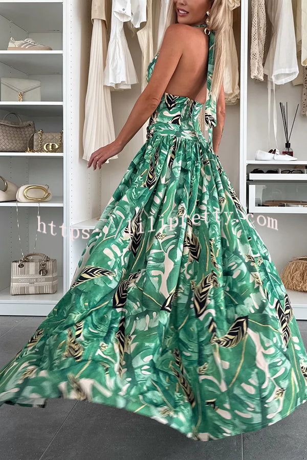 Amazon Scenery Unique Print Tie-up Cutout Waist Ring Halter Slit Maxi Dress
