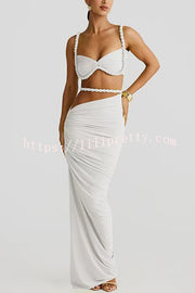 Sexy Halter Back Braided Suspender Top and Beach Holiday Style Hip-wrapped Maxi Skirt Set