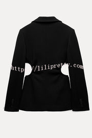 Hipster Boss Solid Color Hollow Side Waist Lapel Long Sleeve Blazer